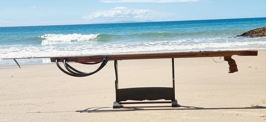 Kingi Wooden speargun on a stand